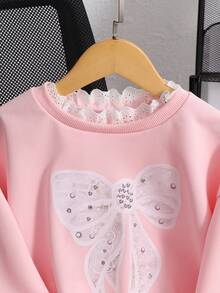 SHEIN Genkimix Kids Girls' Casual Korean Style Lace Patchwork Embroidered Collar Flare Sleeve Sweatshirt, Suitable For Outings, School, Commuting