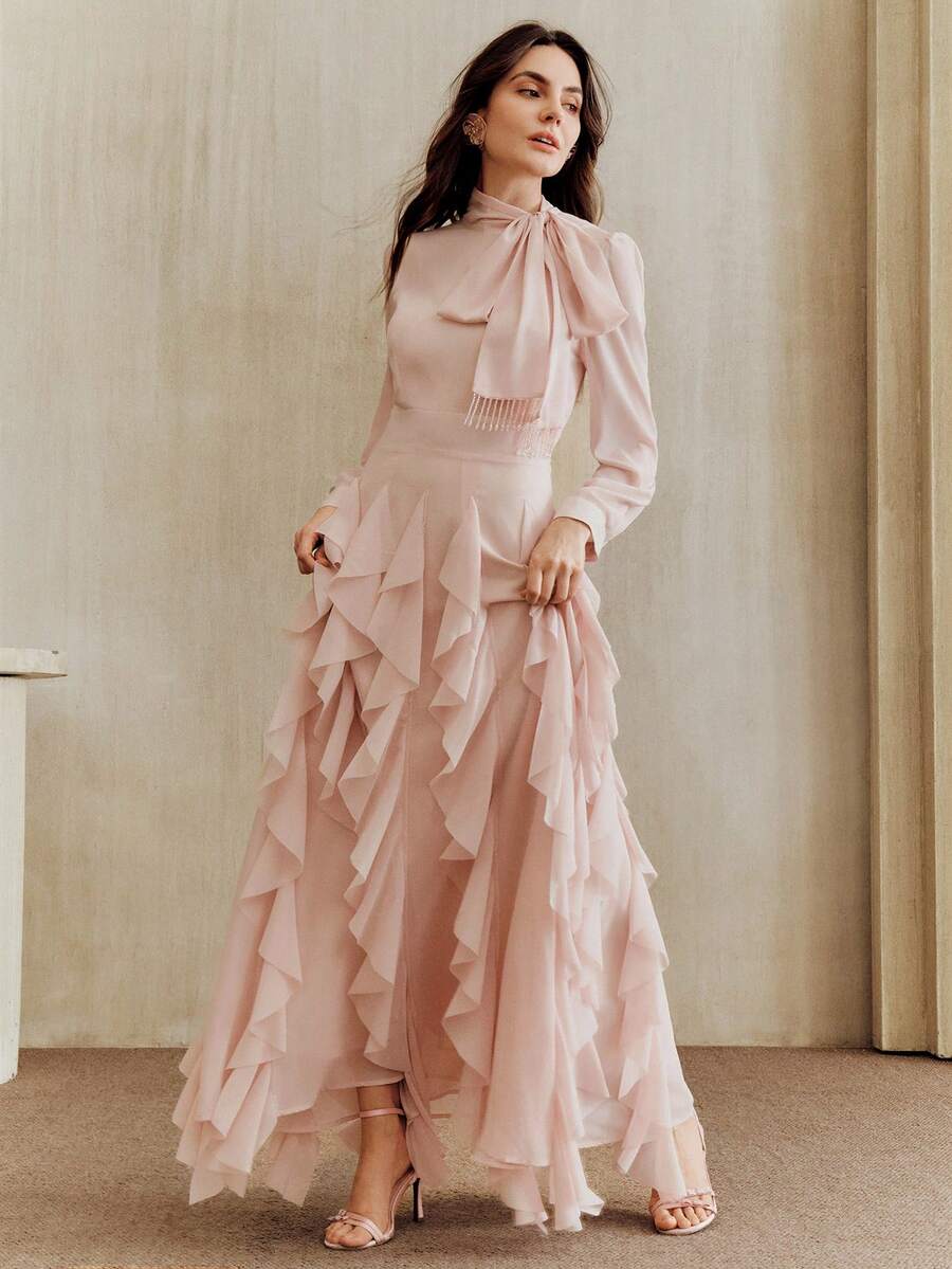 Anewsta Women's Elegant Dress With Oblique Bow Collar, Rhinestone Tassel, Waist Cinched, Flared Hem, Ruffle Trim, Pink Dress, Graceful And Stylish For Gatherings - Pink - View 1