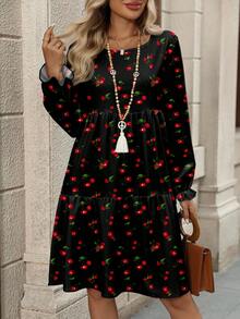 EMERY ROSE Váy cổ tròn rộng rãi họa tiết hoa anh đào cổ điển, thoải mái, phù hợp cho mùa thu/đông - Nhiều màu - Xem 5