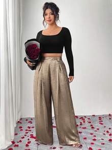 SHEIN Tall CURVE Pantaloni de damă urbani noi, aurii, mate, strălucitoare, mărime mare, Elenzga, pantaloni eleganți, casual, cu pliseuri metalice, cu picior larg
