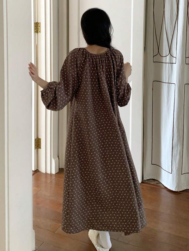 Ditsy Floral Ruched Tie Neck Lantern Sleeve Long Women Nightgown