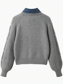 Airaco Women's Denim Collar V-Neck Cable Knit Sweater - Dark Grey - View 2