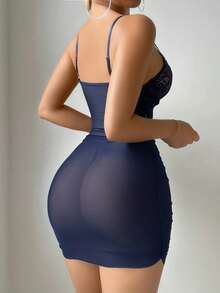 SHEIN Sexig, rynkad spets med kontrasterande spets för kvinnor, bygel, sömnadsklänning med knytband och trosor, 2 st/set, för utekvällar - Marinblå - Visa 2