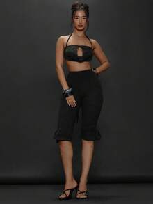 MUSERA 针织修身下摆细节七分裤，适合日常外出、夜间活动、性感街头风、优雅节日风、夏季休闲风。 - 黑色 - 查看 5