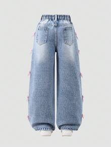 SHEIN ChillGRL Girls & Teens Y2K Streetwear Casual Distressed Asymmetrical Waist Soft Comfortable Light Wash Blue Jeans, Versatile All-Match Everyday Wear, Spring/Summer 2025 New Arrival Pink Bow Jeans E Girl Clothes - Light Wash - View 3