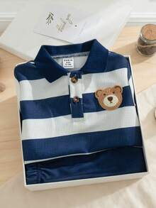 Souflis Souflis 男婴休闲可爱小熊刺绣徽章条纹短袖polo衫和短裤套装，适合夏季穿着