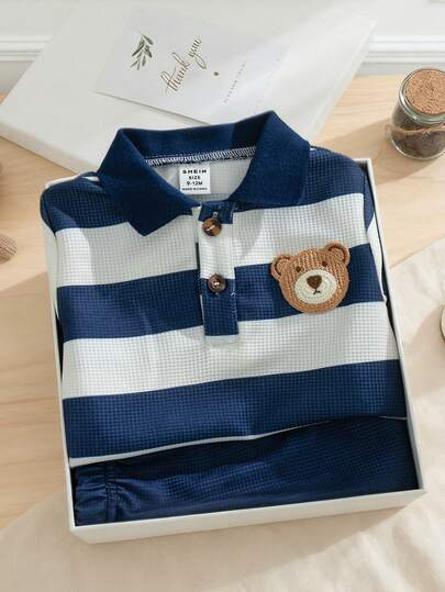 Souflis Souflis 男婴休闲可爱小熊刺绣徽章条纹短袖polo衫和短裤套装，适合夏季穿着