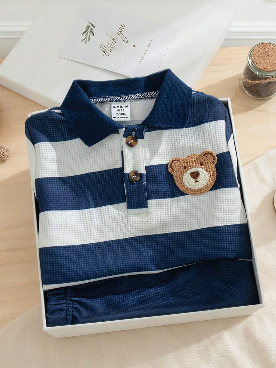Souflis Souflis 男婴休闲可爱小熊刺绣徽章条纹短袖polo衫和短裤套装，适合夏季穿着
