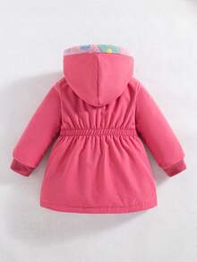 SHEIN Playful Pals 1 Áo khoác mùa đông mới cho bé gái, lót vải giữ nhiệt màu anh đào, dày, giản dị, trễ vai, tay dài, eo chun, khóa kéo, áo khoác cardigan có mũ trùm đầu, đa năng, ấm áp - Hồng - Xem 2