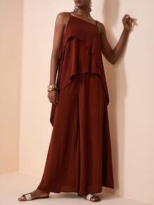 Zivah 2026 Spring/Summer New Valentine's Day, Music Festival, Easter, Western, Nomadic, Bohemian, Nashville Inspired Party, Wedding, Evening, Date, Gathering, Birthday, Collegiate, Student, Daily Casual, Versatile, Leisure, Cruise Travel, Beach, Sunbathing, Elegant, Commute, Business Casual Loose Camisole Top + Wide Leg Pants Set, Real Pockets, Brown 2-Piece Set, Spring/Summer Set, Vacation Set, Casual Set, Women's 2-Piece Outfit - Rust Brown - View 6