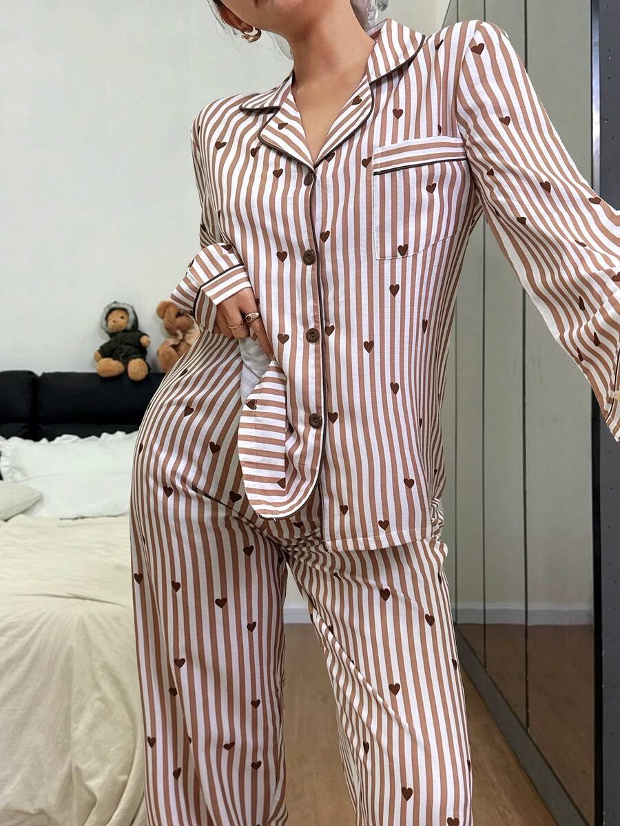 Dream Adore Heart Striped Print Lapel Long Sleeve Pajama Set - Brown - View 1