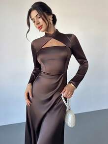 Firerie 女士优雅水滴领棕色连衣裙，派对礼服/节日装扮/晚宴礼服/优雅女士连衣裙/棕色连衣裙/仿丝缎亮片连衣裙/新年连衣裙 - 棕色 - 查看 2