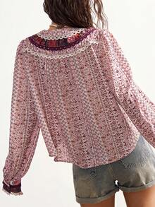 Bohemela 波西米亚风休闲乡村度假风粉色碎花拼接长袖宽松女式衬衫 - 粉色 - 查看 7