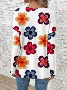 EMERY ROSE Floral Print Plus Size V-Neck Long Sleeve T-Shirt For Women, Suitable For Music Festivals And Back To School, ,Flower/Spring/Summer/Vacation - Multicolor - View 2