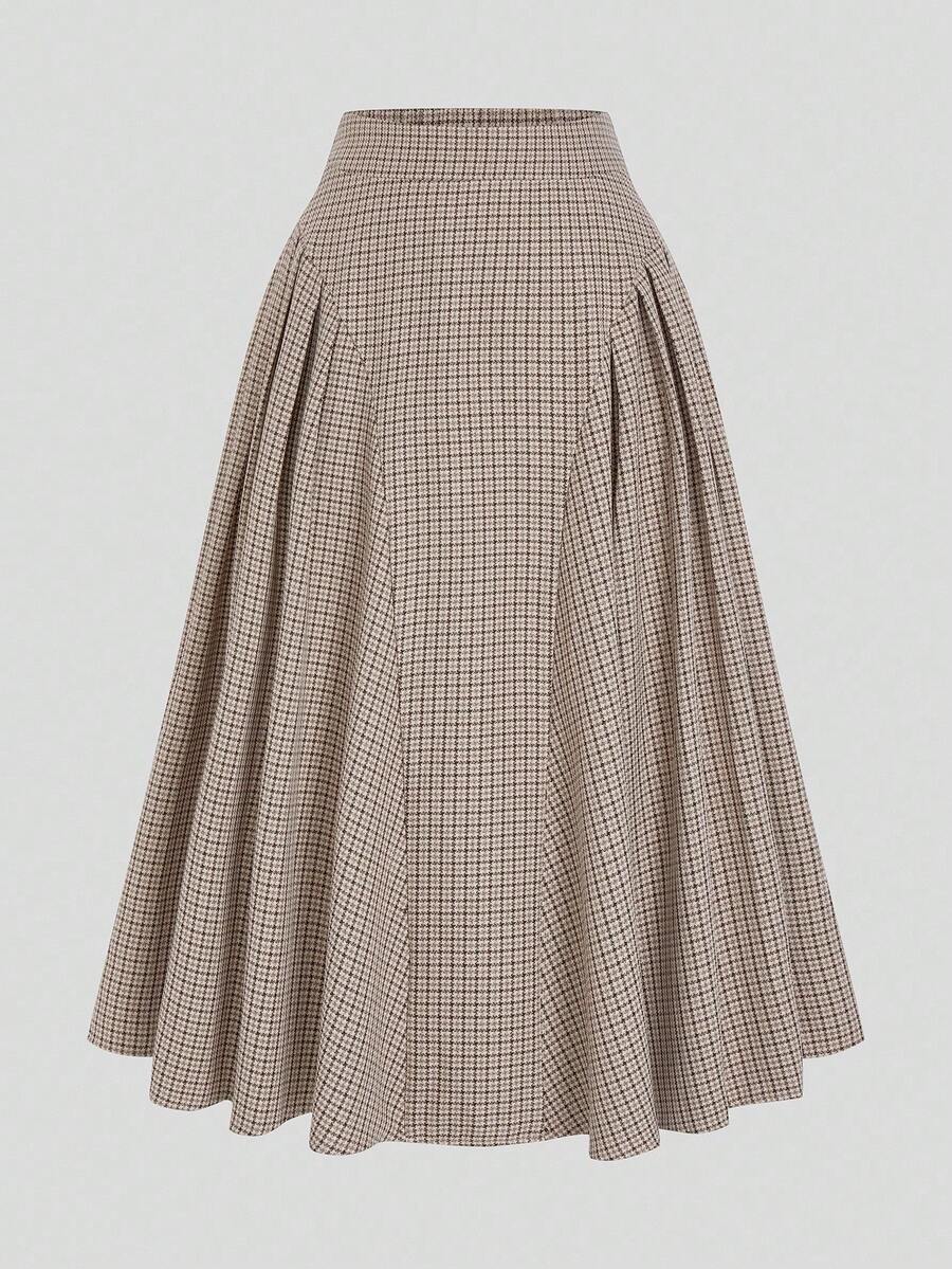 Sweetra Plus Size Khaki Elegant Plaid A-Line Skirt - Khaki - View 1