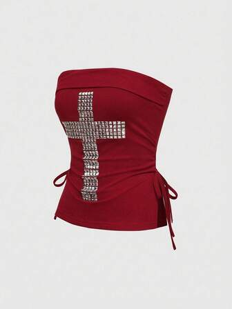 J-Fashion Y2K Cross Studded Rhinestone Decor Black Cropped Strapless Drawstring Slit Hem Women Top
