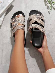 SHUZIA 女士舒适露趾平底厚底日常基本款PU蛇纹拖鞋 - 彩色 - 查看 2