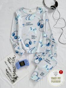 2pcs/Set Tween Boys' Video Game Print Casual Comfortable Ribbed Snug Fit Long Loungewear Set - Grey - View 1