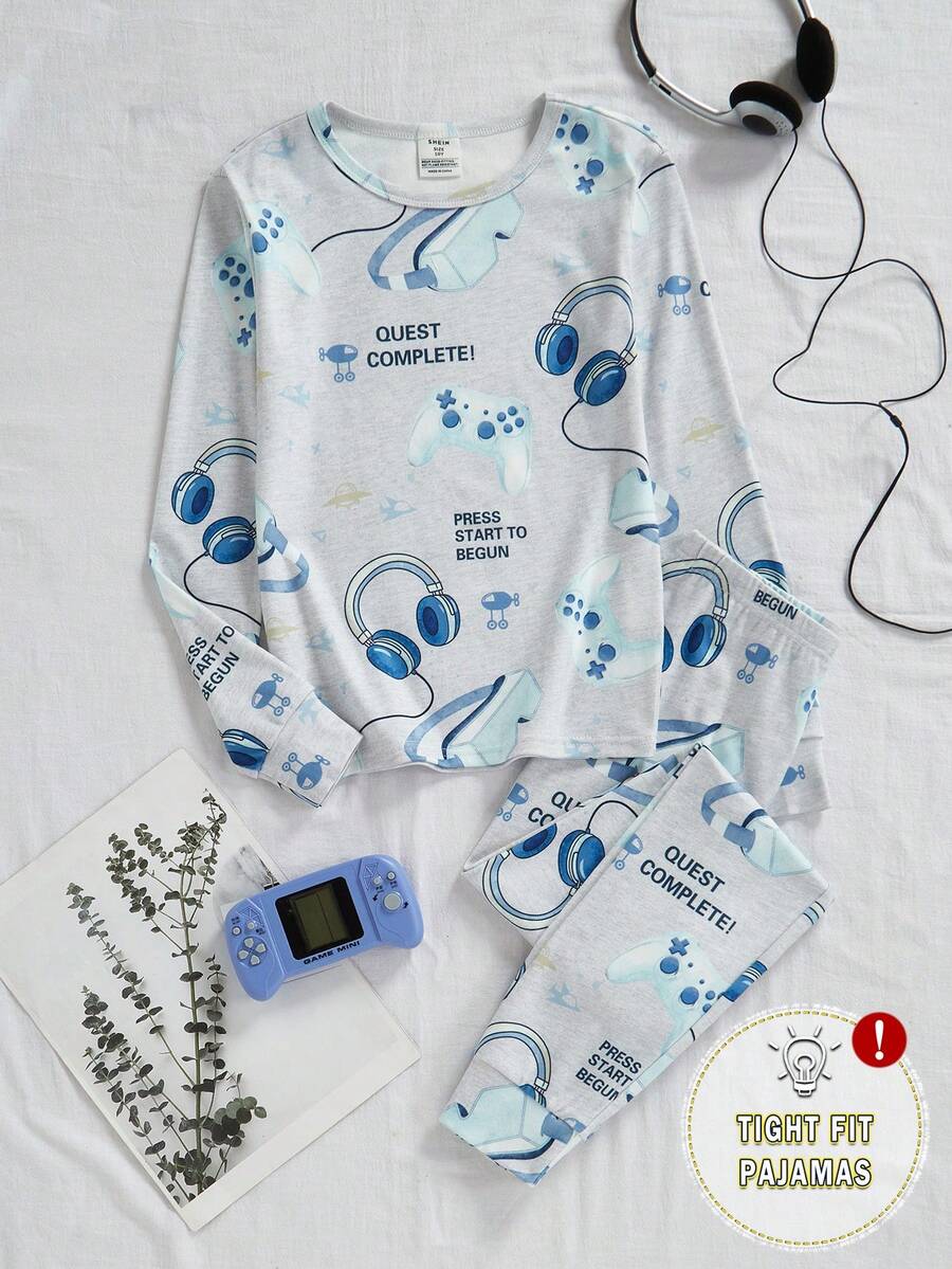 2pcs/Set Tween Boys' Video Game Print Casual Comfortable Ribbed Snug Fit Long Loungewear Set - Grey - View 1