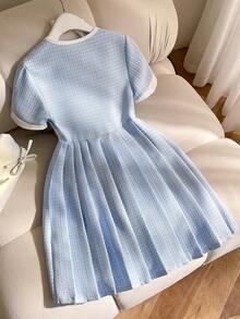 Elladie kids 1pc Girls' Blue & White Patchwork Waist Gathered Hem Round Neck Short Sleeve Casual Elegant Dress, Suitable For Summer, Vacation, Daily Wear - Blue - View 2