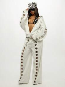 SUMWON Plus Size Oversized Light Grey Hooded Sweatshirt With Metal Eyelet Decoration And Centre Pocket For Casual Fall Winter Comfort