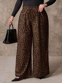 Juhart 大码女式梭织常规秋冬休闲舒适美拉德灯芯绒棕色豹纹阔腿裤 - 彩色 - 查看 6