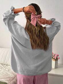 EURMUSE Oversized Soft-Touch Knit Sweater With Ruffled Cuff Sleeves And Crew Neck In Vibrant Pinky - Grey - View 2