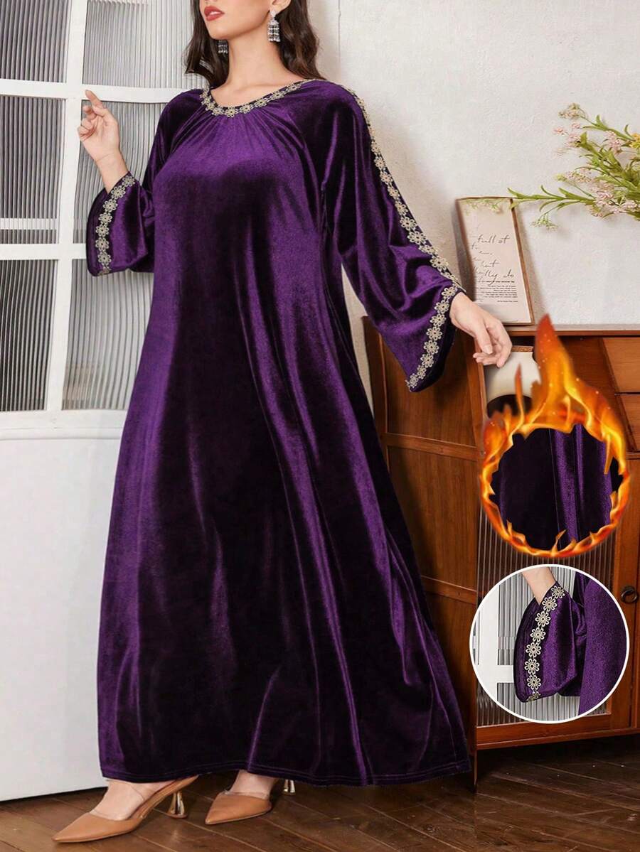 Al Najma Elegant Embroidered Loose Plus Size Women Arabic Style Dress - Purple - View 1