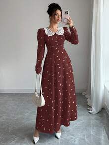 Modelyn 女士黑色花卉印花拼接领长袖A字系腰优雅花卉连衣裙 - 摩卡棕 - 查看 5