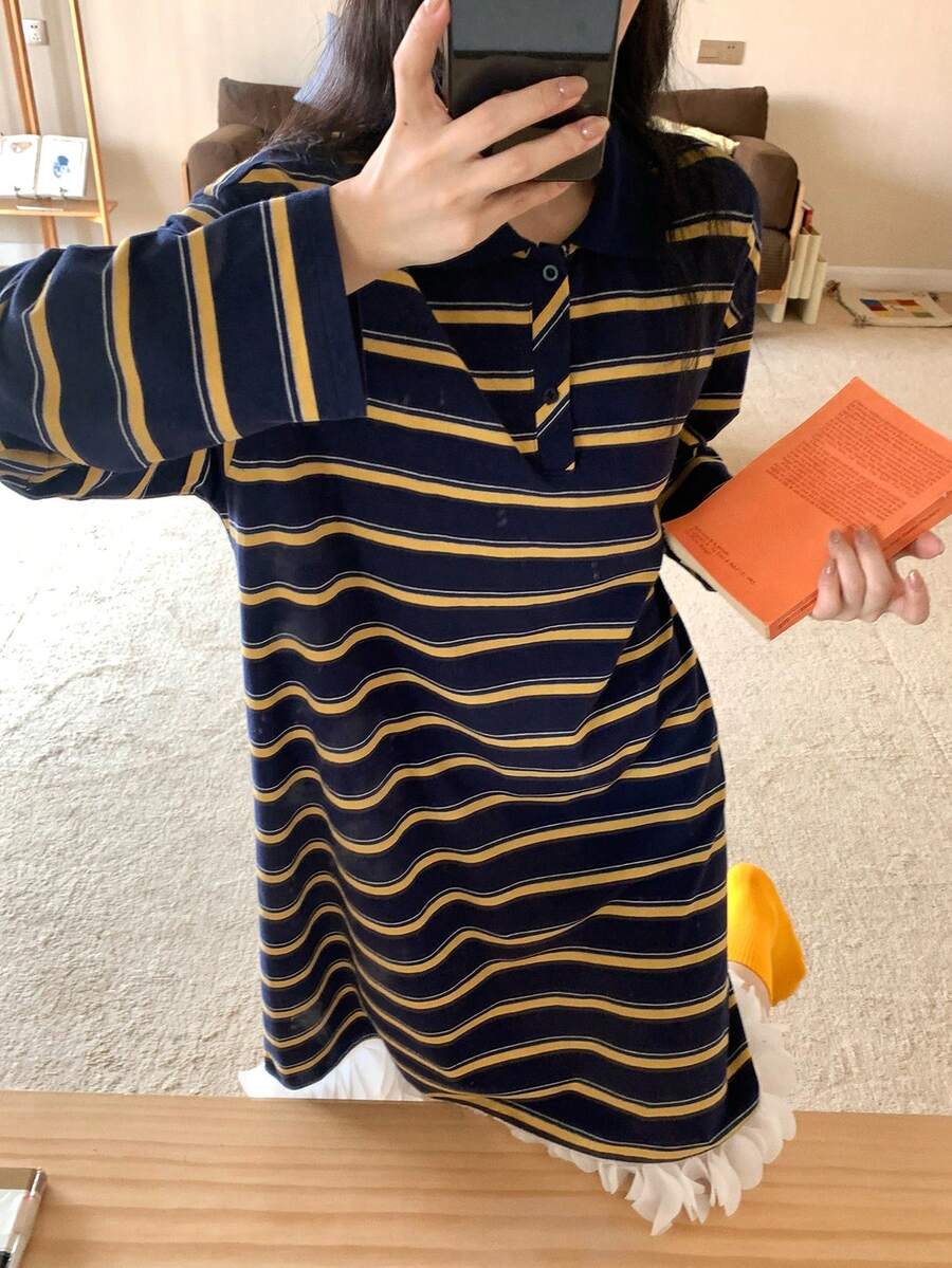 DAZY 條紋拼色層次蕾絲飾邊寬鬆女款睡裙睡衣 - 藍色 - 查看 1