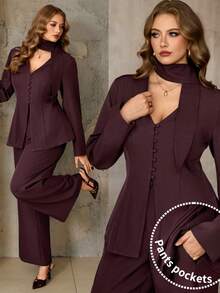 Roveilla 大码女式两件套，V领系带长袖衬衫，前襟纽扣，不对称下摆，搭配前拉链高腰阔腿裤，优雅复古法式风格，适合办公室、商务、休闲、派对、圣诞节、感恩节、新年、秋冬季等场合。两件套裤装，优雅女式裤装套装，女士优雅裤装套装，女士两件套，女士两件套，女士优雅两件套，女士优雅裤装，带口袋的女士套装 - 紫紅色 - 查看 9