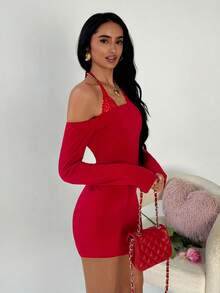 TRNVIE Spring Knitted Ribbed Red Lace Spaghetti Strap Off Shoulder Elegant Backless Stretchy Bodycon Party New Year Valentine's Day Sexy Cocktail Wedding Mini Dress - Burgundy - View 6