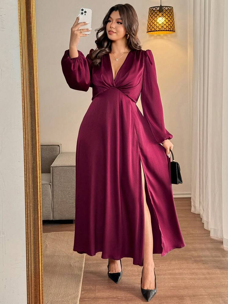 Vionelle Sukienka damska w dużym rozmiarze, nowa, z głębokim dekoltem w serek i długim rękawem, z węzłem, elegancka, formalna, wieczorowa, romantyczna, z wysokim rozcięciem - Burgund - Zobacz 3