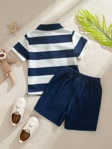 Souflis Souflis 男婴休闲可爱小熊刺绣徽章条纹短袖polo衫和短裤套装，适合夏季穿着