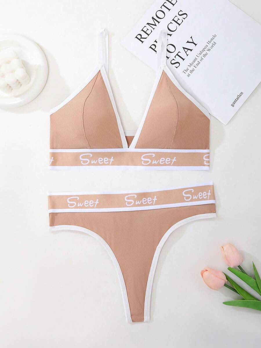 SHEIN 2 件套撞色拼布字母印花休闲内衣套装 - 摩卡棕 - 查看 1