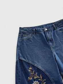 ROMWE MEN Casual Men's Patchwork Floral Embroidered Denim Shorts - Blue - View 3
