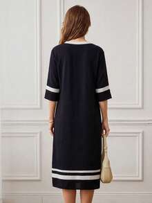 Miaspire Women's Striped V-Neck 3/4 Sleeve Casual Long Dress - Khaki - View 2