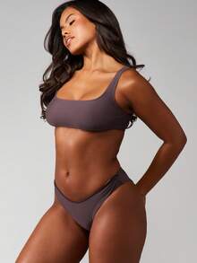 MISSGUIDED High Rise Cheeky Coverage Bikini Bottom With Minimal Design And Classic Fit For Beach Summer Vacation Pool Party Swimwear - Brown - View 3