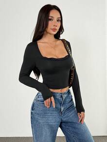 SHEIN PETITE Áo thun nữ cổ tròn tay dài phối ren màu tương phản trơn - màu đen - Xem 6