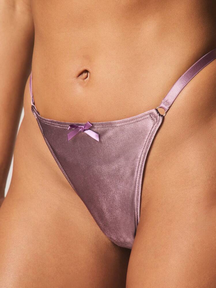 MISSGUIDED Mauve Satin Finish Thong With Bow Detail Contrast Stitching Minimal Coverage Intimate Underwear