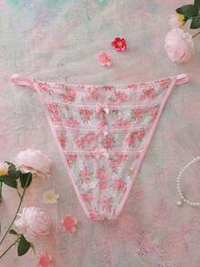 FloralLove 大码女式花卉蕾丝蝴蝶结装饰性感内衣内裤 - 粉色 - 查看 3