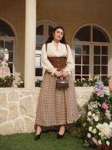 SHEIN MOD Plus Size Women's Fashion French Style Contrast Color Lantern Sleeve Blouse,Halloween,Going Out Tops,Fall For Women,Goth,Country Concert,Grunge,Boho Women,Old Money Style Women,Western,Back To School,Western Wear,Winter For Women,Pirate,Fall For Women,Halloween Cosplay.Christmas And New Year Outfits, Autumn And Winter Outfits - Coffee Brown - View 7