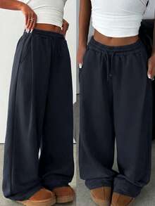 SHEIN Teen Girl Navy Blue Loose Casual Drawstring Pocket Wide Leg Sweatpants