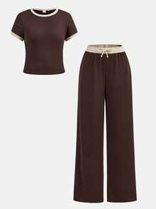 SHEIN Girlism 少女春夏时尚罗纹棕白撞色休闲修身基础款T恤搭配撞色腰带宽松口袋裤套装，休闲运动街头风。适合大学运动、返校、足球、户外等场合，舒适百搭。 - 棕色 - 查看 12