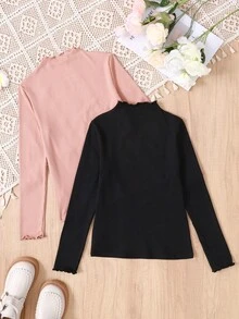 SHEIN 少女最优惠买一送一 2件套 休闲百搭基础款波浪边立领长袖纯色上衣 2件套，秋冬季，适合休闲日常穿着、上学、学院风、返校季、派对等场合。 - 粉色 - 查看 2