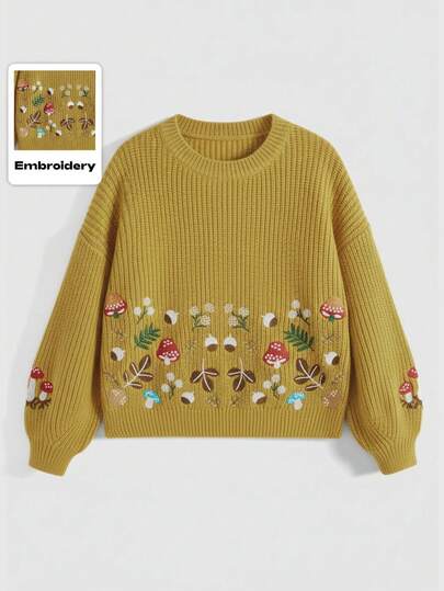 Fairycore Women's Casual Vacation Style Plant Embroidery Drop Shoulder Loose Pullover Sweater, Autumn/Winter