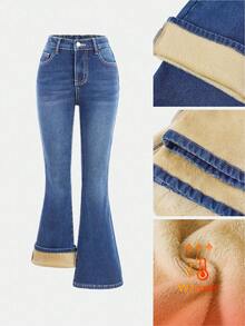 SHEIN Tween Girl Navy Blue Denim Fleeced Elastic Skinny Flare Pants