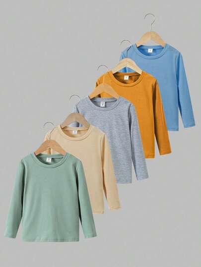 5pcs/Set Young Boy Basic Solid Color Round Neck T-Shirts, Suitable For Casual Daily Wear