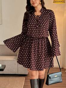 Vionelle Đầm mini dệt kim tay phồng cổ buộc nơ chấm bi cỡ lớn, đầm chấm bi nữ, đầm mùa thu, đầm chấm bi kiểu retro, đầm chấm bi. - Cà phê nâu - Xem 6