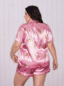 SweetSlumber Cute Panda Heart Print Fashionable Funny Pink Front-Open Plus Size Pajama Set Plus Size Night Wear Plus Size Pj Set Plus Size Pajama Short Set Plus Size Sleepwear Plus Size Pajamas - Pink - View 2